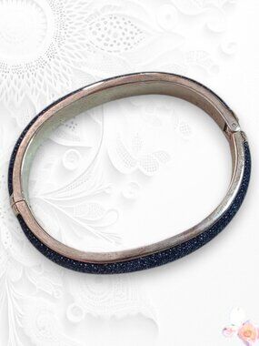 Joan Rivers Navy Blue Fabric Wrapped Bangle Bracelet Silver Tone Hinged 2 Avail
